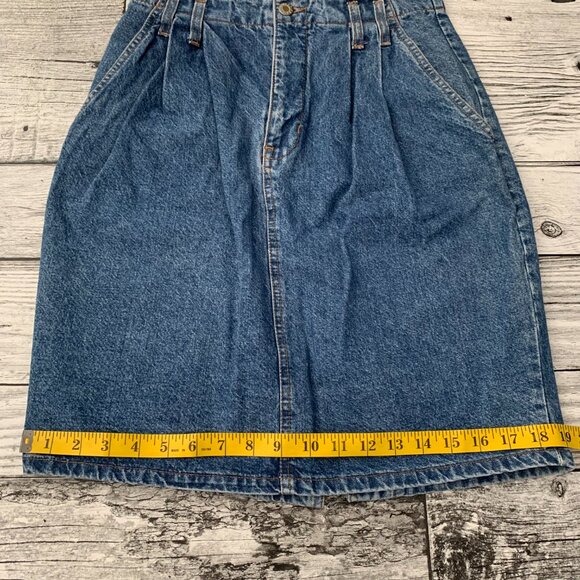 Vintage 80s 90s Hollywood Stonewash Denim Pleated Jean Pencil Skirt - Picture 11 of 12